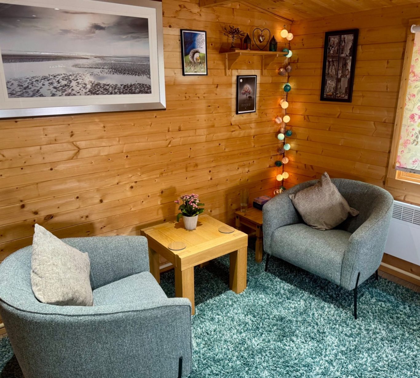 Clare's counselling room inside a cabin.